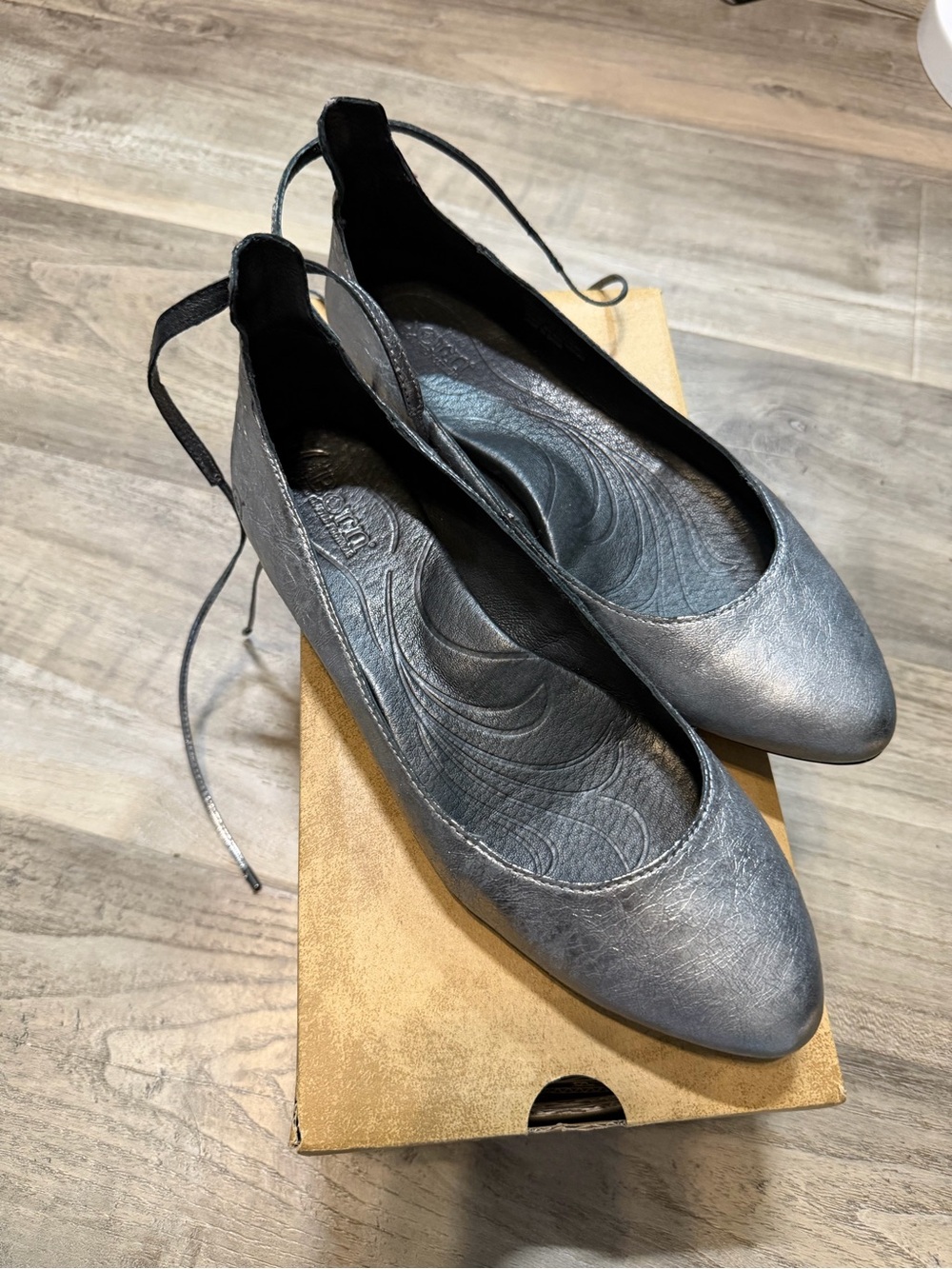 Born Metallic Silver Pointed Ballet Flats with Ankle Tie